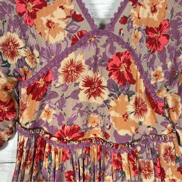 Free People Sweet Dreams Taupe Combo Printed Rayon Crinkle Mini Raw Hem Dress S - Picture 4 of 13